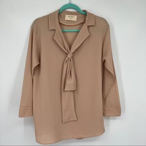 MOMO New York Beige Bowknot Chiffon Sheer Long Sleeves Spread Collar Blouse